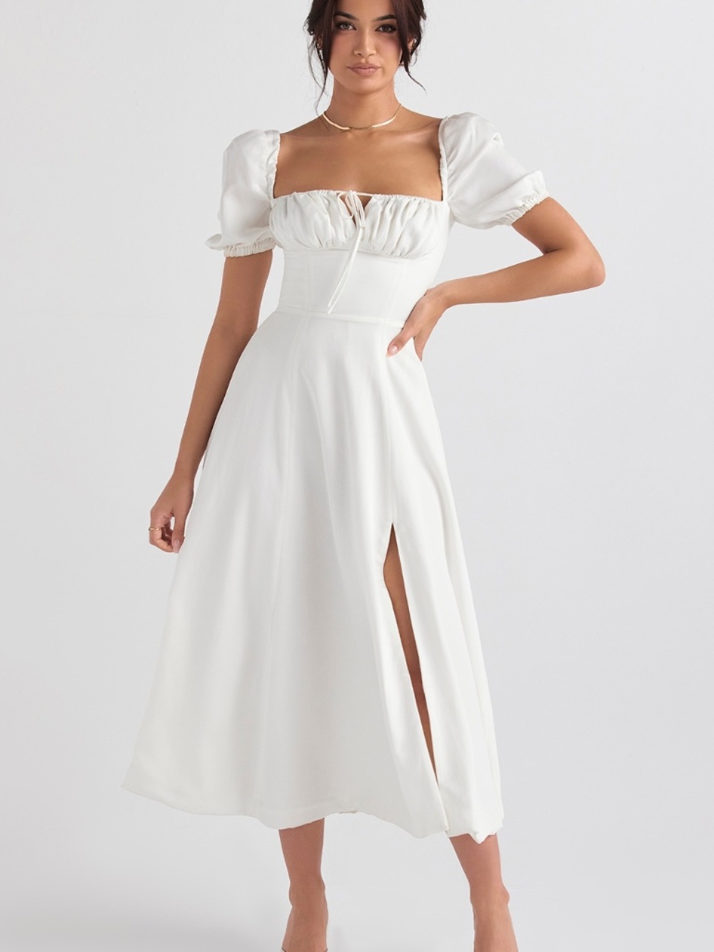 House of CB White Puff Sleeve Maxi Dress with Front Slit